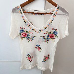 Vivienne Tam sheer short-sleeved blouse with flower detail. Size 3.